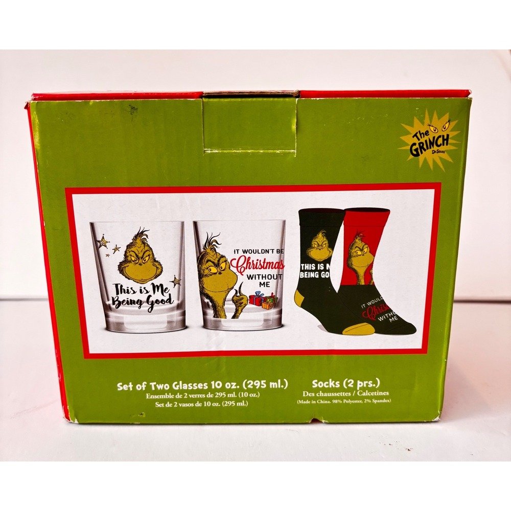 Dr Seuss The Grinch 2 Glass & 2 Pair Socks Gift Set Christmas Combo 10oz Glasses